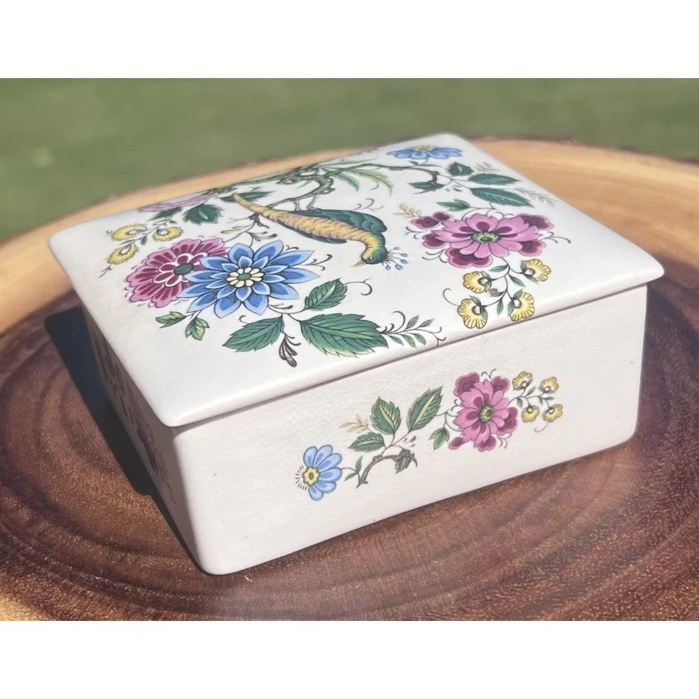 Vintage Purbeck Ceramics Swanage England Trinket Box Peacock Floral Chinoiserie